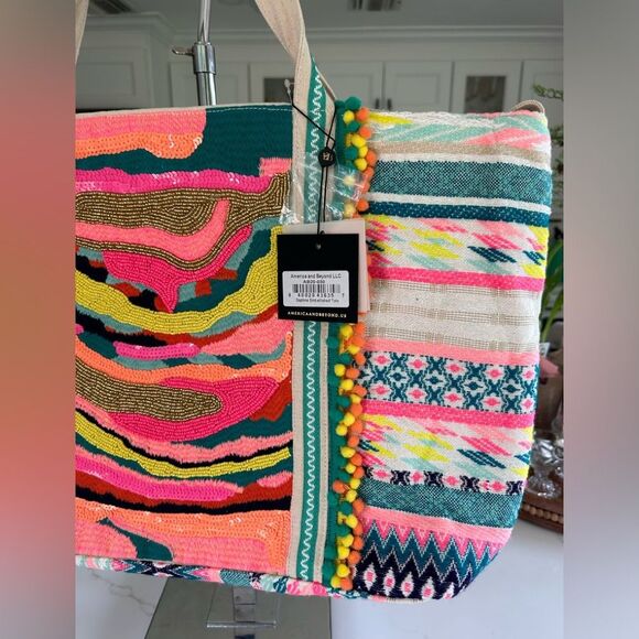America and Beyond DAPHNE EMBELLISHED MULTI-COLORED HAND BEADED TOTE NWT - Picture 11 of 16